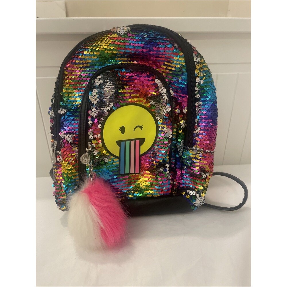 SUPER 🥰 CUTE Justice Girls Rainbow Emoji & Flip Sequin Mini Backpack 9”x6”